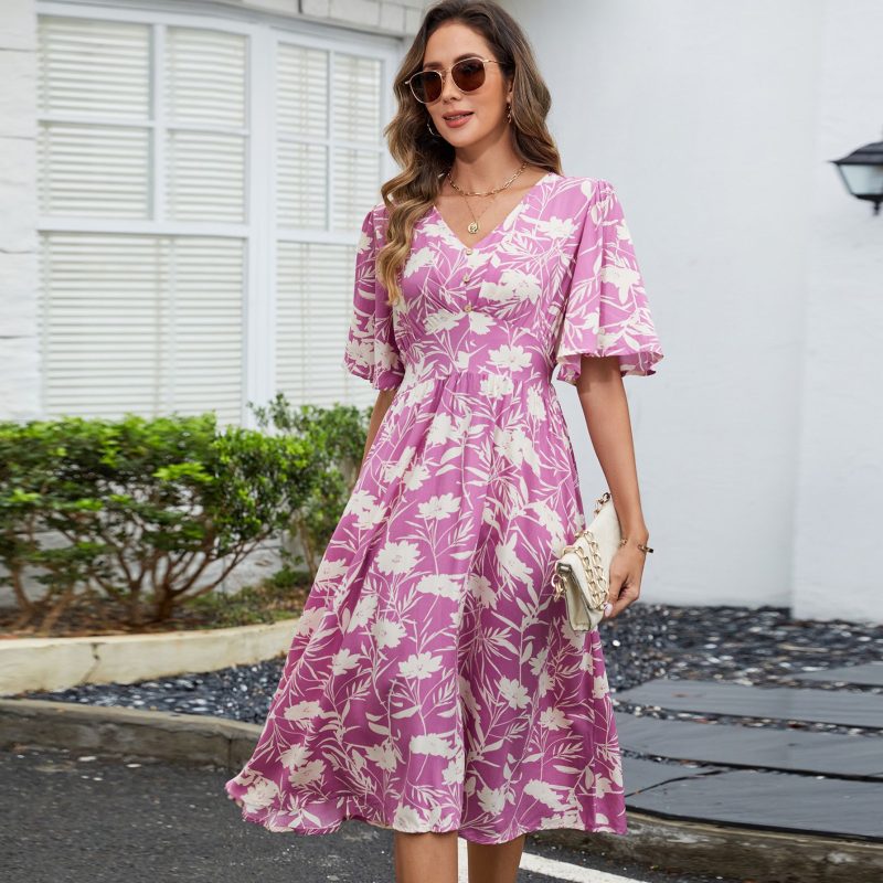 Rayon V-Neck Tight Waist Swing Dress