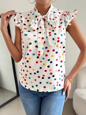 Lace-Up Ruffle Sleeve Printed Summer Top