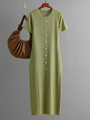 Summer Single-Breasted Round Neck Slim Sheath Dress