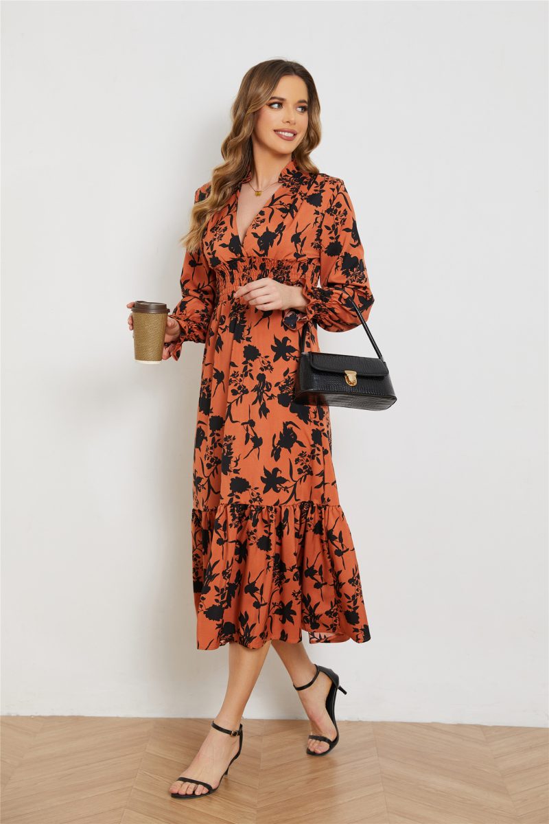 Autumn Floral V-Neck High Waist Dress - Image 3