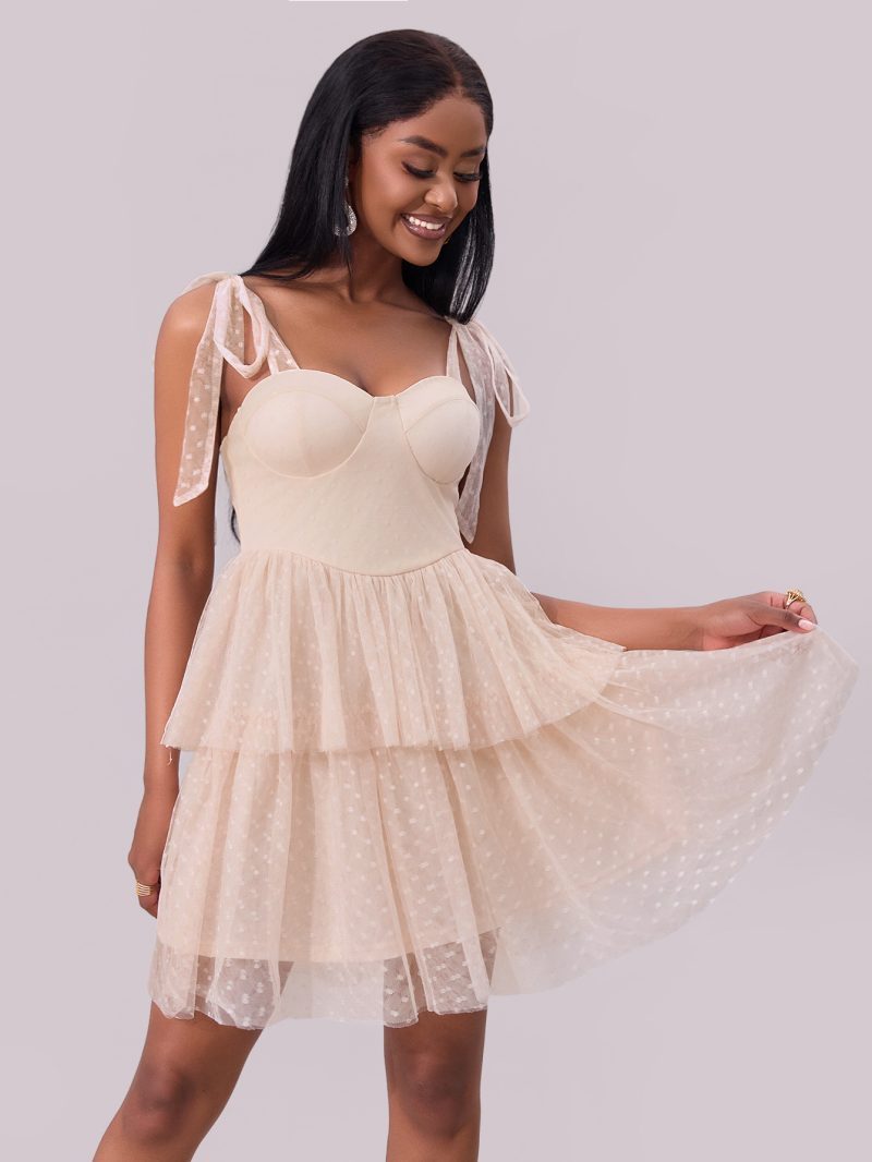 Women's Evening Mesh Dress with Lace-Up Shoulders - Image 3