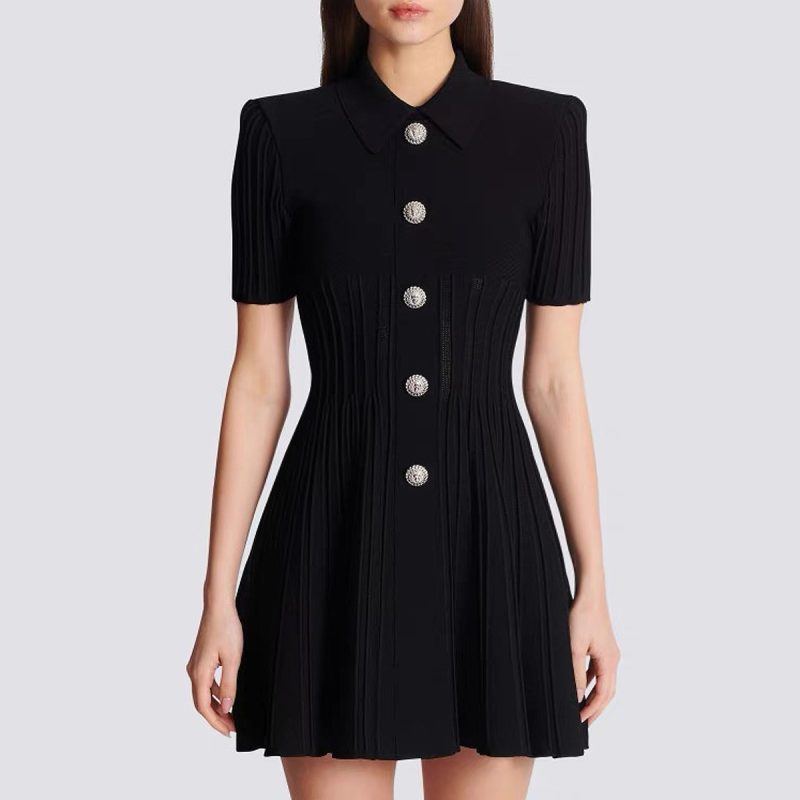 High-Quality Knitted Collared A-Line Dress – Slim Fit Style