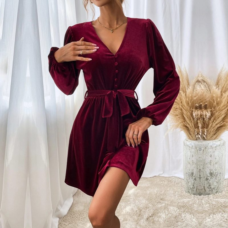 Velvet V-Neck Long Sleeve Cocktail Dress - Image 3