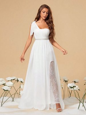White One-Shoulder Slit Sexy Evening Dress