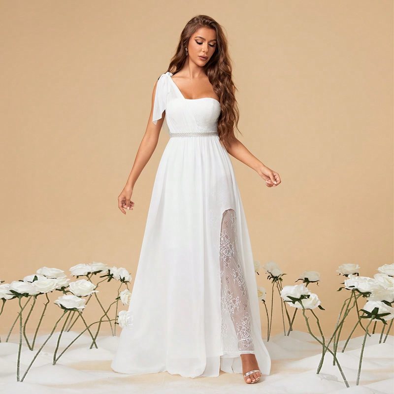 White One-Shoulder Slit Sexy Evening Dress