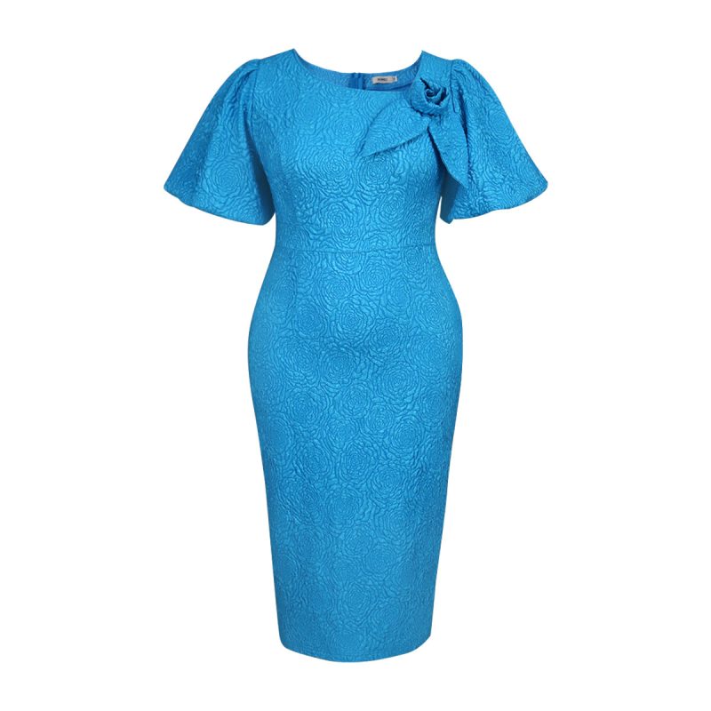 Elegant Jacquard Cocktail Dress with Asymmetric Collar - Image 4