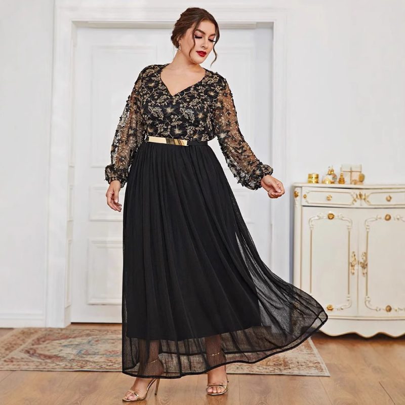 Black Panel V-Neck Long A-Line Dress - Image 3