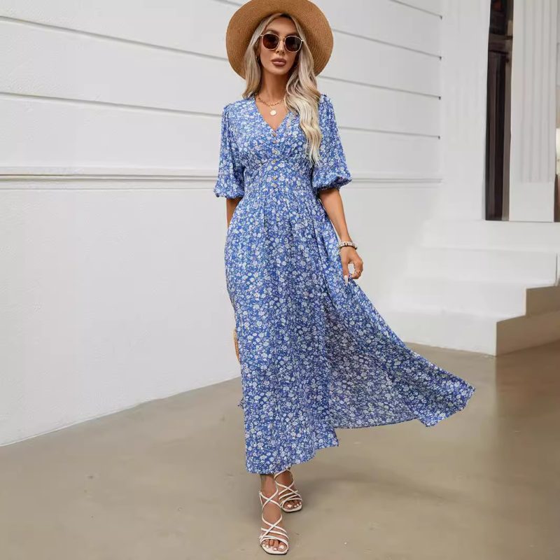 Boho V-Neck Lantern Sleeve Beach Dress - Image 3