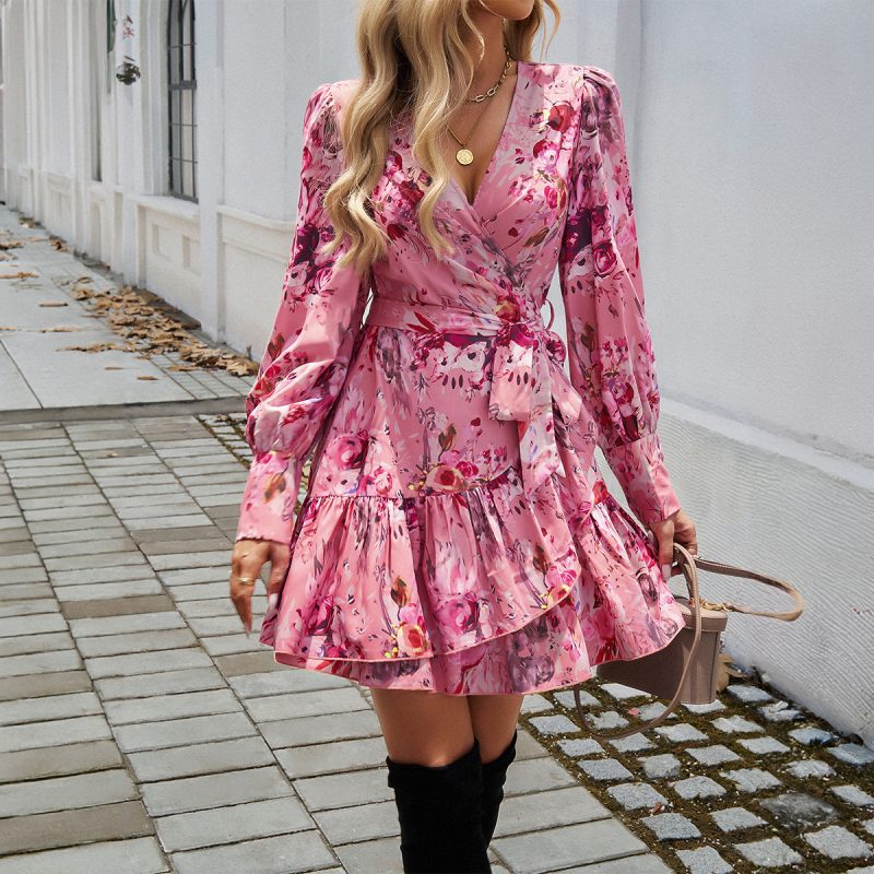 Elegant V-Neck Printed A-Line Winter Dress