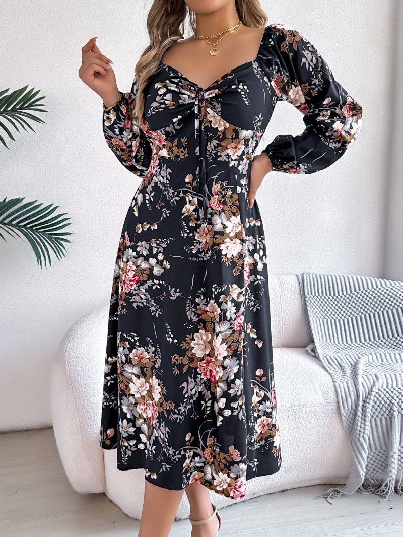 Floral Lace-Up Split Long Sleeve Dress - Image 3