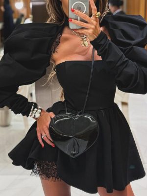 French Black Backless Tube Top Two-Piece Dress