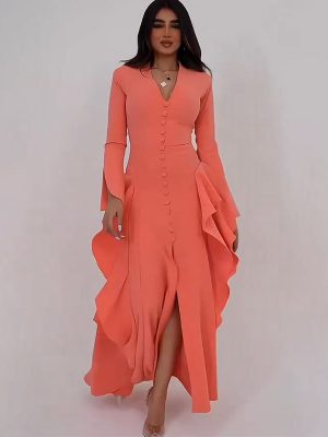 Summer Long Ruffle Dress with Slit and V-Neck