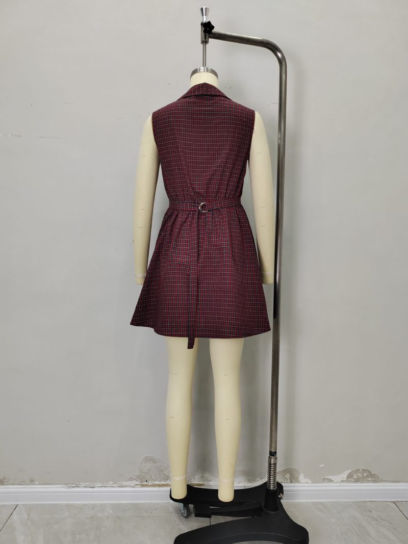 Red Plaid Halter Retro Slim Short Dress - Image 4
