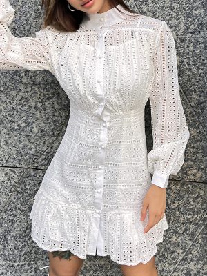 Embroidered Turtleneck A-Line Cutout Dress Women