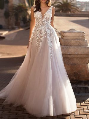 Embroidered Lace Deep V Sleeveless Dress