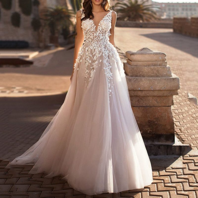 Embroidered Lace Deep V Sleeveless Dress