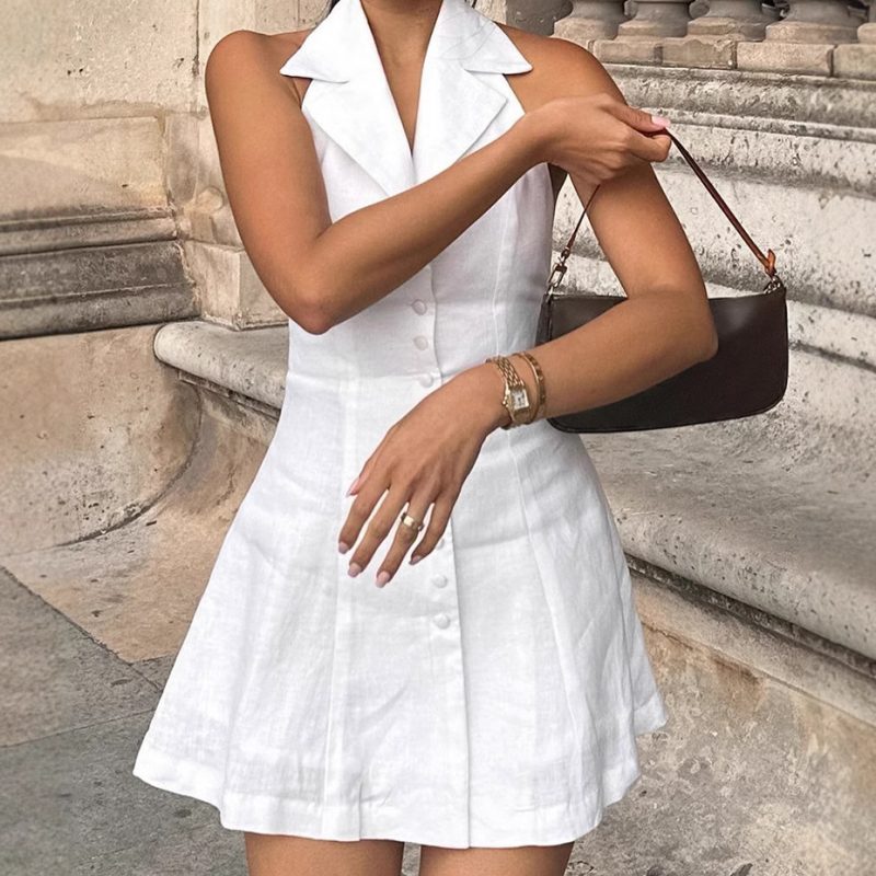 French Cotton Linen Halter Backless Dress - Image 3