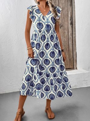 Summer Lotus Leaf V-Neck Ethnic Printed Jumpsuit