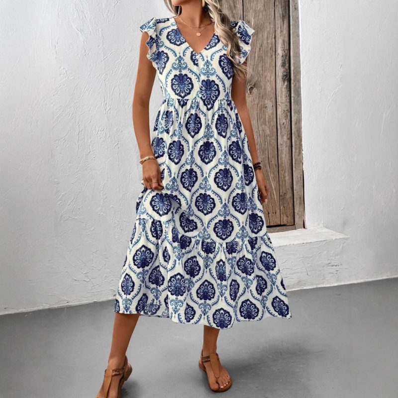 Summer Lotus Leaf V-Neck Ethnic Printed Jumpsuit