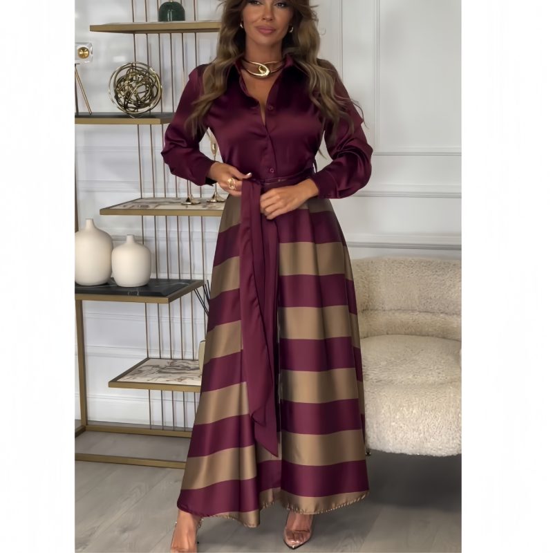 Long Sleeve Faux Layered Striped Dress Women