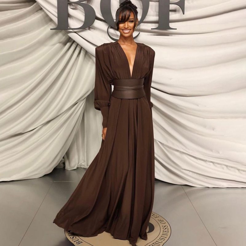 Chocolate Color Pleated Dress for Spring Summer - Image 3