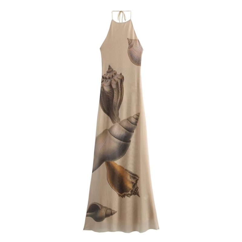 Slim Fit Shell Print Silk Mesh Dress