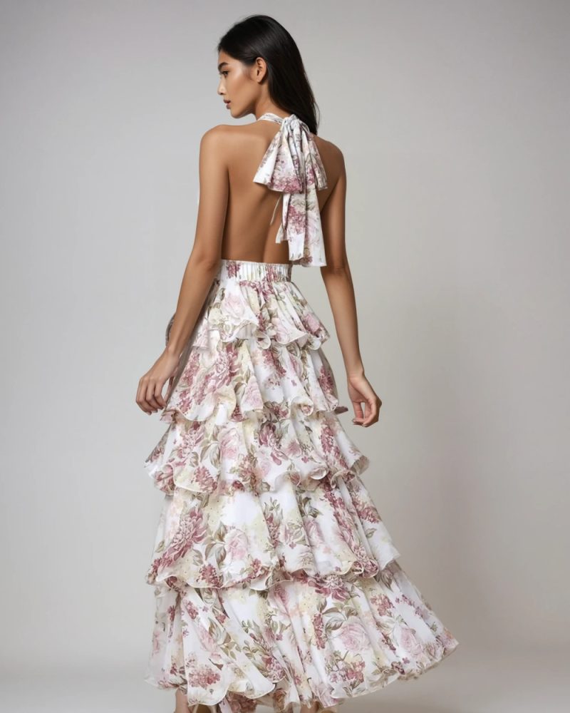 Spring V-Neck Multi-Layer Printed Sling Dress - Image 2