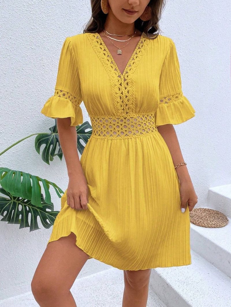 Summer Lace Patchwork V-Neck Waist Dress Women - Image 3