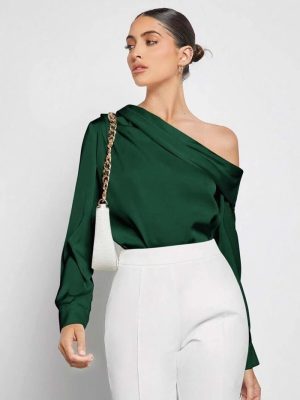 Spring Summer Off-Shoulder Pleated Satin Asymmetric Shirt