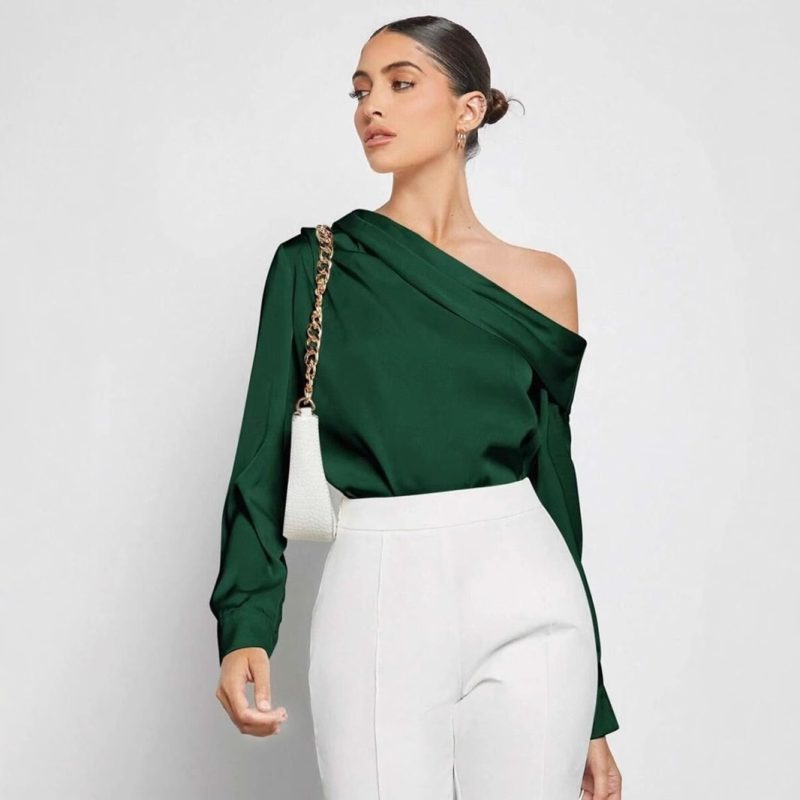 Spring Summer Off-Shoulder Pleated Satin Asymmetric Shirt