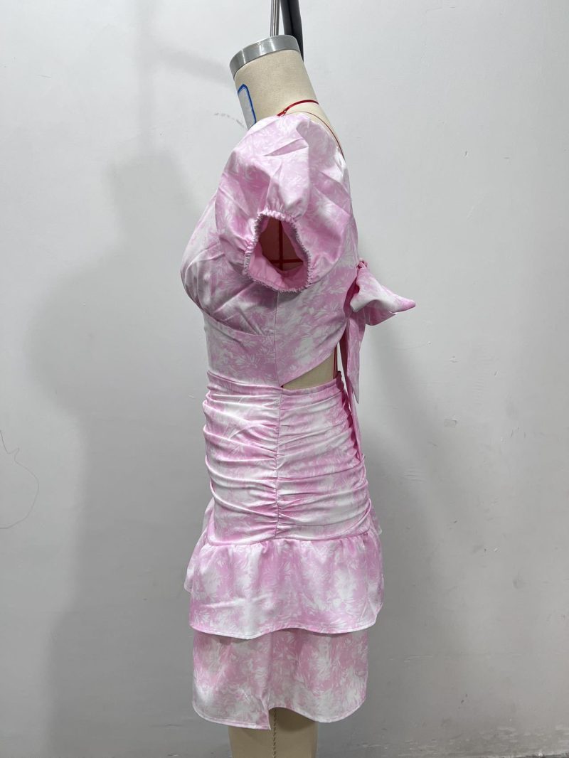 Summer Puff Sleeve Floral Print Pink Dress - Image 4