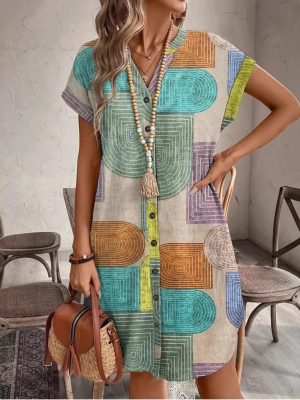 Summer Geometric Print V-Neck Button Dress