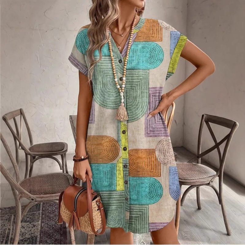 Summer Geometric Print V-Neck Button Dress