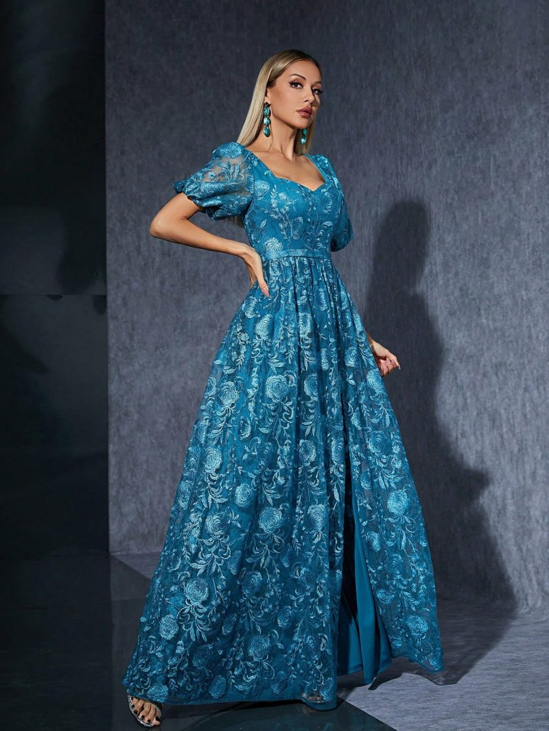 Blue Puff Sleeve Slit Formal Party Dress - Image 3