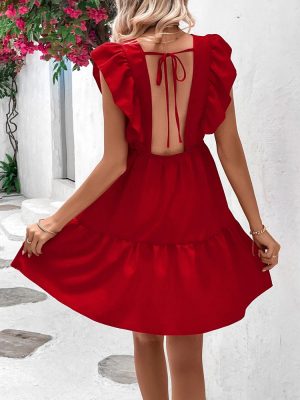 V-Neck Backless Sleeveless Waist Slim Dress