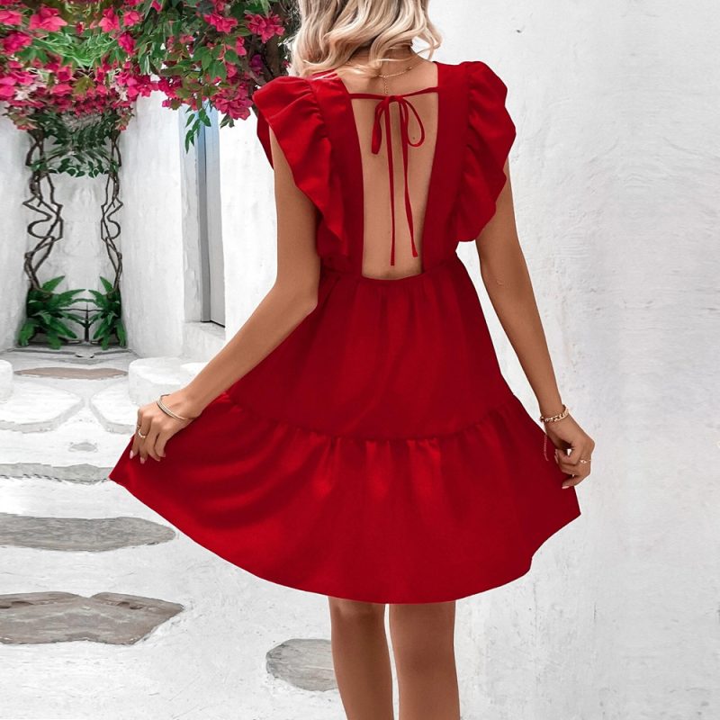 V-Neck Backless Sleeveless Waist Slim Dress