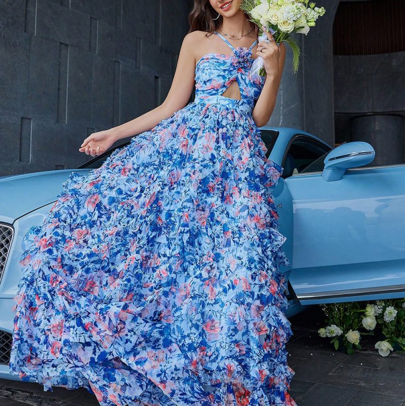 Butterfly Print Halterneck Organza Swing Dress