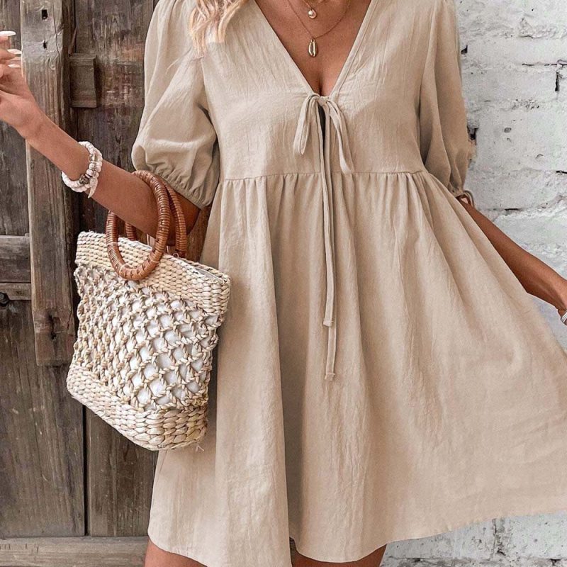 Elegant Deep V Lace-Up A-Line Dress - Image 2