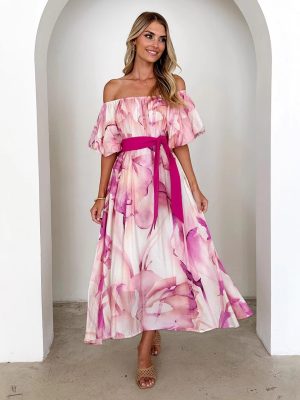 Elegant Summer Off-Shoulder Puff Sleeve Printed Swing Dress