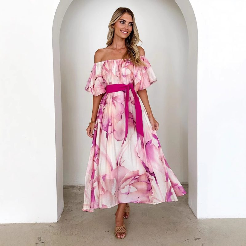 Elegant Summer Off-Shoulder Puff Sleeve Printed Swing Dress