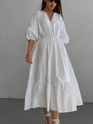 French V-Neck A-Line Office Summer Dress