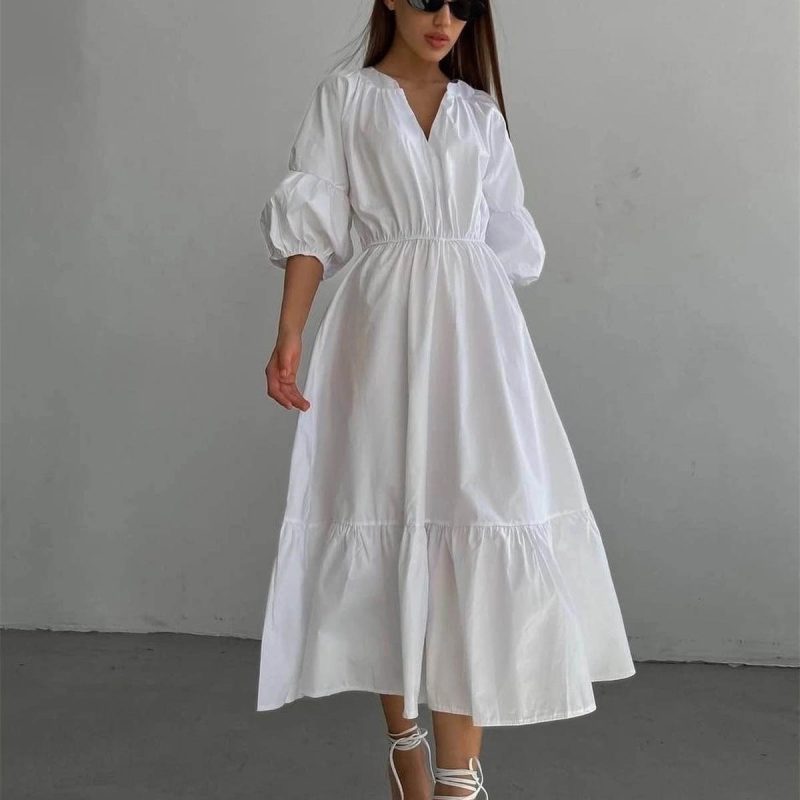 French V-Neck A-Line Office Summer Dress