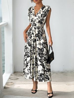 Retro Black White Floral V-Neck Dress
