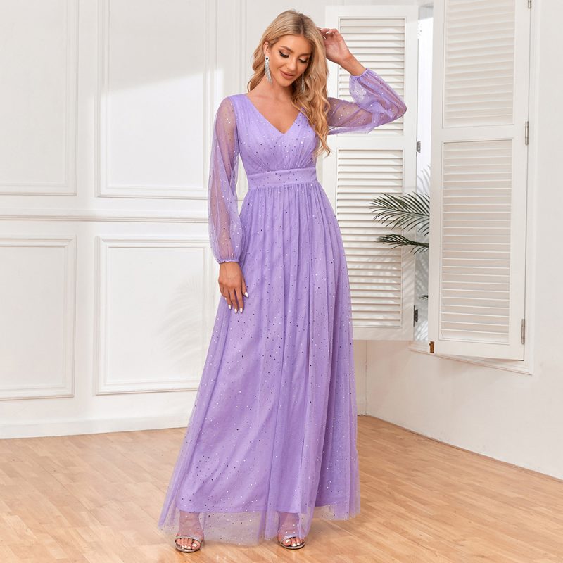 Elegant Tulle V-Neck Shiny Evening Dress - Image 2