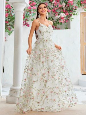 Elegant Embroidered Ball Dress with Sheer Mesh Layers
