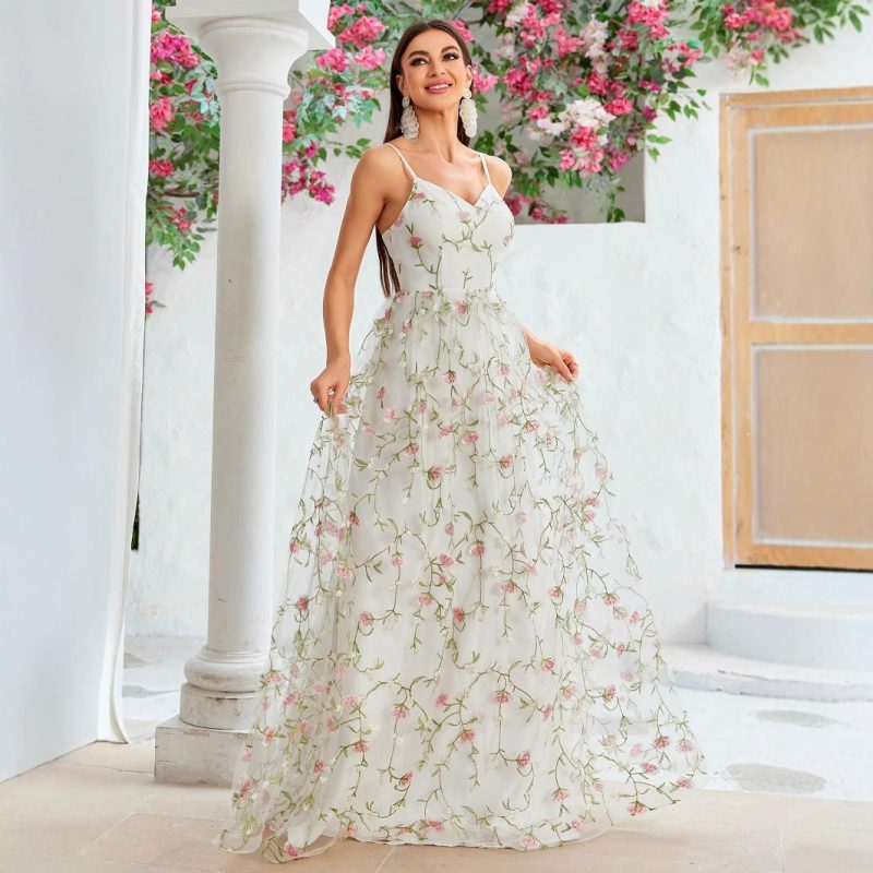 Elegant Embroidered Ball Dress with Sheer Mesh Layers