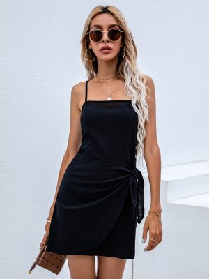 Asymmetric Lace-Up Solid Color Cami Dress