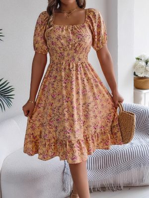 Floral Square Collar Ruffled A-Line Dress
