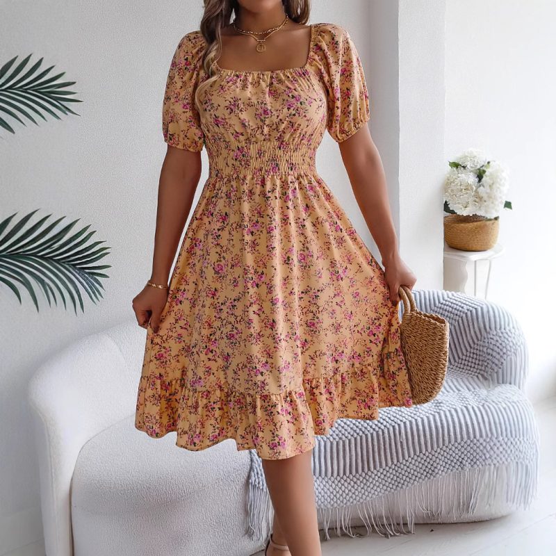 Floral Square Collar Ruffled A-Line Dress