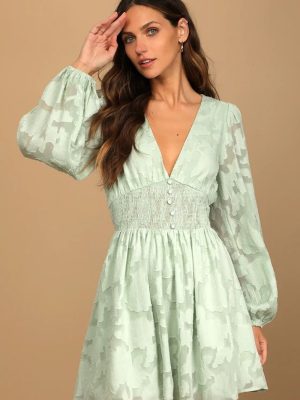 Long Sleeve Chiffon Dress with Hollow Out V-Neck – Women’s A-Line Fit